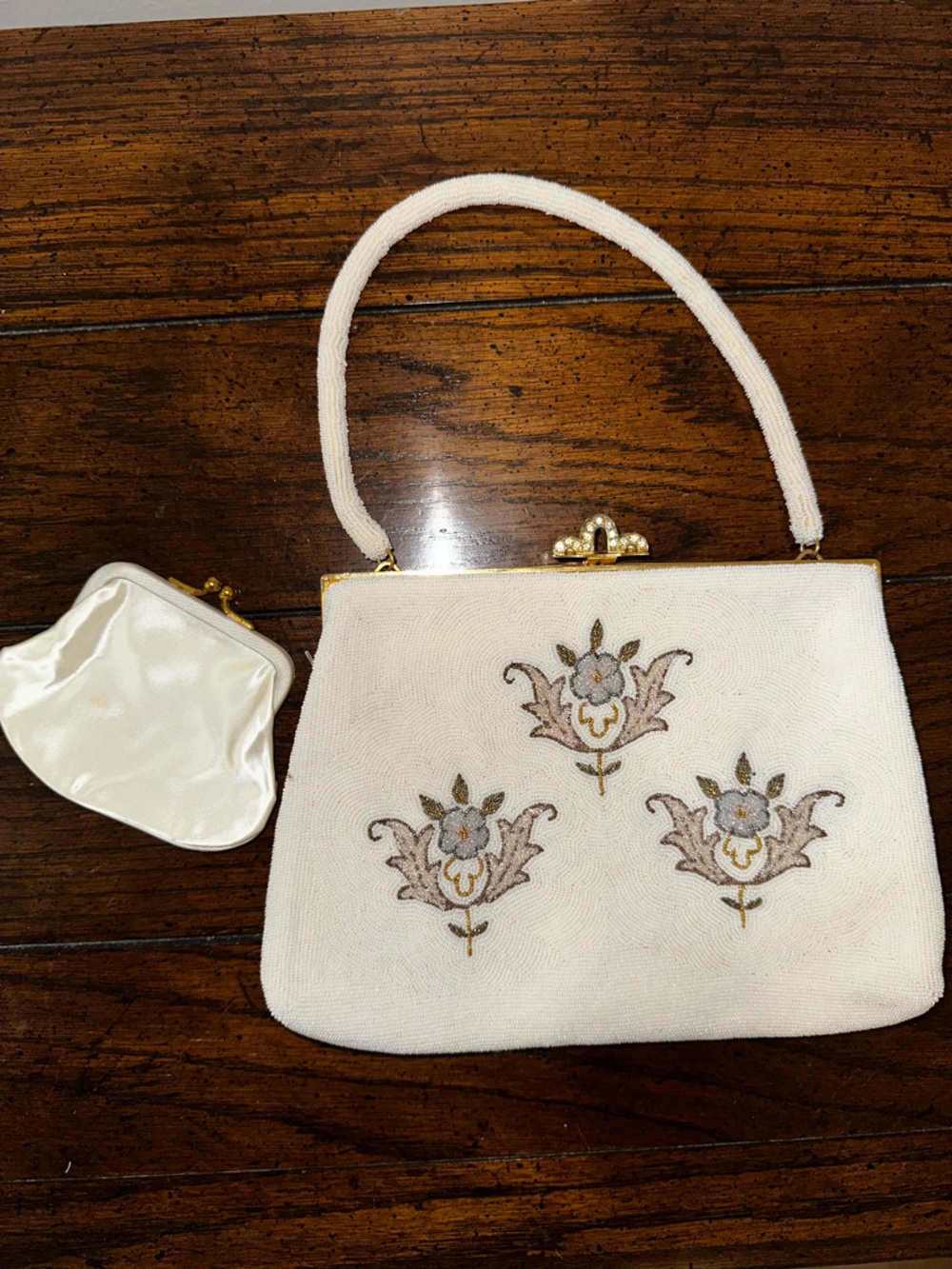 Vintage 50s 60s White Beaded Floral Purse Hand Beaded In France With Coin Pouch
